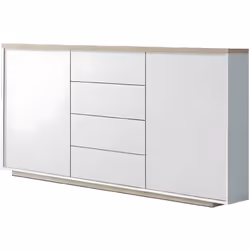 Buffet 2 portes + 4 tiroirs coloris Blanc / Chêne Cambrian en panneaux de particules mélaminés. Ses tiroirs disposent des gli ...