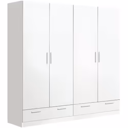 Armoire / placard de rangement de 4 portes + 2 tiroirs avec glissières métalliques coloris blanc. Fabriquée en panneaux de pa ...