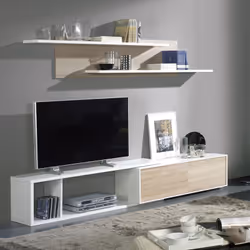Ensemble TV extensible coloris Blanc / Chêne Cambrian, en panneaux de particules mélaminés. Composition pour salon-salle à ma ...