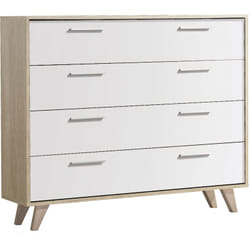Commode / meuble de rangement de 4 tiroirs avec pieds coloris Chêne Cambrian / Blanc - longueur 103 x profondeur 35 x hauteur 82 cm Pegane