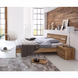 Lit adulte de 140x190 cm en panneaux de particules coloris imitation chêne poutre/chrome brillant « sommier et matelas non in ...