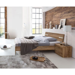 Lit adulte double 140 x 190cm + 2 chevets coloris imitation chêne poutre/chrome brillant - Longueur 149 x Profondeur 200 x Hauteur 81 cm Pegane