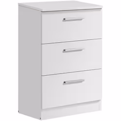 Table de chevet de 3 tiroirs avec glissières métalliques coloris blanc, fabriquée en panneaux de particules mélaminés de haut ...