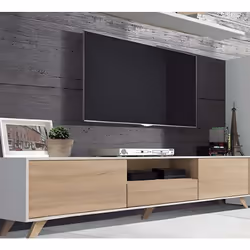 Meuble TV coloris Blanc / chêne Cambrian fabriqué avec pieds d'une hauteur de 12 cm, en panneaux de particules mélaminésde ha ...