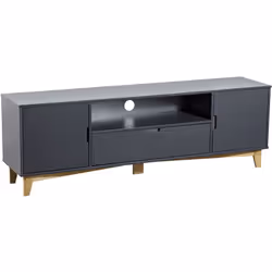 Meuble TV coloris Gris anthracite avec 2 portes et un tiroir avec glissières métalliques. Doté d'une niche de rangement, ce m ...