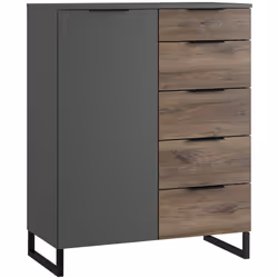 Commode meuble de rangement coloris imitation chêne /graphite d'une porte et 5 tiroirs. fabriqué en panneaux de particules mé ...