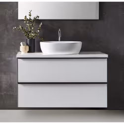 Meuble de salle de bain avec façade en MDF et cadre en aluminium peint noir mat avec poignée intégrée. Structure en panneaux ...