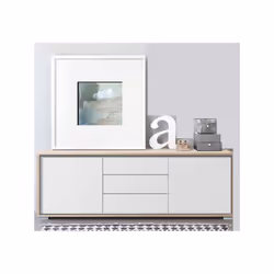 Description générale Buffet moderne de 2 portes et 3 tiroirs, alliant une finition Chêne Cambrian et Blanc, fabriqué en panne ...