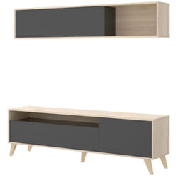 Meuble tv + étagère murale coloris Chêne naturel / Graphite - Longueur 180 x Hauteur 180 x Profondeur 41 cm Pegane