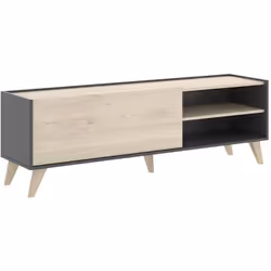 Meuble TV d'une porte et 2 niches en panneaux de particules mélaminé coloris graphite/naturel Compas à gaz rabattable sur la ...