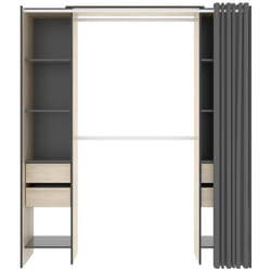 Armoire dressing extensible avec rideau + 4 tiroirs coloris naturel/graphite - Longueur 100-180 x Hauteur 203 x Profondeur 50 cm -PEGANE-
