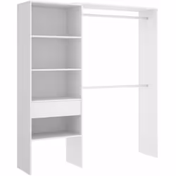 Armoire dressing extensible en panneaux de particules coloris blanc dotée de : Une barre de suspension en aluminium Tiroirs a ...