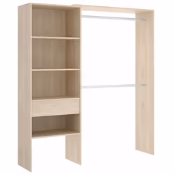 Armoire dressing extensible en panneaux de particules coloris naturel dotée de : Une barre de suspension en aluminium Tiroirs ...