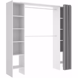 Armoire dressing extensible en panneaux de particules coloris blanc dotée de : Une barre de suspension en aluminium avec un r ...