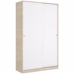 Armoire à deux portes coulissantes en panneau de particule coloris naturel/blanc brillant Intérieure: un côté, une étagère et ...