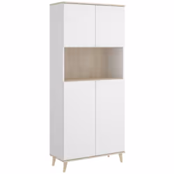 Meuble de rangement en panneau de particule mélaminé coloris blanc/naturel Composée de 4 portes + 1 niche Poignée de tirage e ...