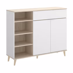Buffet / Meuble de cuisine en panneau de particule mélaminé coloris blanc/naturel Composée de 2 portes + 1 tiroir + 4 niches ...