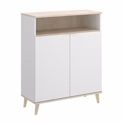 Buffet / Meuble de cuisine en panneau de particule mélaminé coloris blanc/naturel Composée de 2 portes + 1 espace ouvert Poig ...