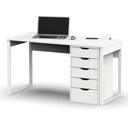 Bureau avec commode de rangement coloris blanc - Hauteur 76 x Longueur 135 x Profondeur 60 cm / Hauteur 71 x Longueur 40 x Profondeur 43 cm Pegane