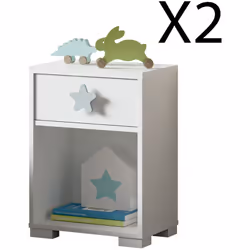 Lot de 2 chevets en panneaux de particules et mélamine haute densité coloris blanc, avec 1 tiroir (guides métalliques) et 1 n ...