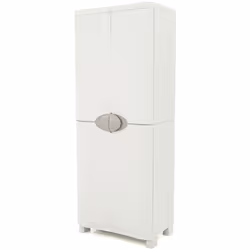 Armoire meuble de rangement 2 portes en résine coloris beige Comprend 4 étagères réglables en hauteur Capacité par étagère 20 ...