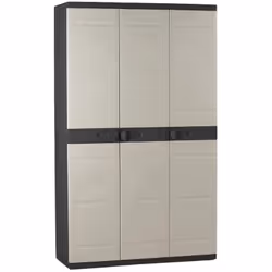 Armoire meuble de rangement en résine coloris noir/taupe Comprend 3 portes de 4 étagères réglables en hauteur Espace balai Po ...