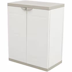 Armoire basse en résine coloris beige Comprend 2 portes de 2 étagères réglables en hauteur Poids maximum par étagère 20 kg Ut ...