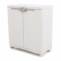 Armoire basse 2 portes en résine coloris beige Comprend 2 étagères réglables en hauteur Résistance par étagère : 20 Kg Utilis ...