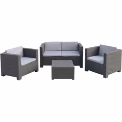 Ensemble salon de jardin en résine anthracite tressée recyclée se compose de : 1 canapé 2 places 2 fauteuils individuels 1 ta ...