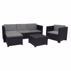 Ensemble salon de jardin extérieur 5 places en résine tressée recyclée coloris anthracite se compose de : 1 fauteuils avec co ...