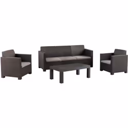 Ensemble salon de jardin extérieur 5 places en résine tressée recyclée coloris anthracite se compose de : 2 fauteuils individ ...