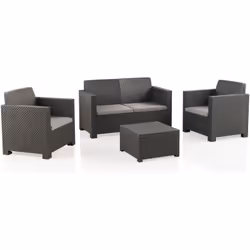 Ensemble salon de jardin extérieur 4 places en résine tressée recyclée coloris anthracite se compose de : 2 fauteuils individ ...