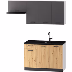 Cuisine complète composée de 5 meubles avec façades supérieures gris mat, façades inférieures couleur chêne artisan, structur ...