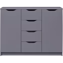Commode meuble de rangement en bois de particules mélaminés équipée de 2 portes et 4 tiroirs coloris gris graphite. Fonctionn ...