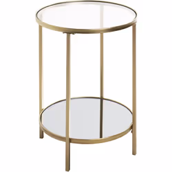 Table d'appoint en tube d’acier laqué or, plateau en miroir et un autre en verre trempé 5 mm. Dimensions : Diamètre 39 x Haut ...