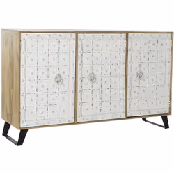 Buffet / meuble de rangement en bois de manguier coloris naturel/ blanc vieilli de 3 portes. Dimensions : Longueur 165 x Haut ...
