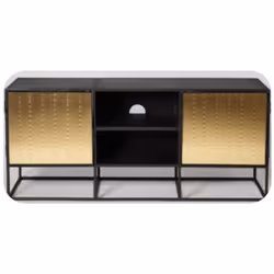 Meuble TV en bois coloris noir/doré de 2 portes et 2 niches. Dimensions : Longueur 120 x Hauteur 50 x Profondeur 37 cm Matièr ...