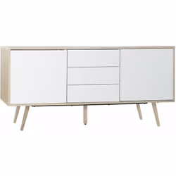 Buffet / meuble de rangement en MDF coloris blanc / naturel et métal de 2 portes et 3 tiroirs. Dimensions : Longueur 170 x Ha ...