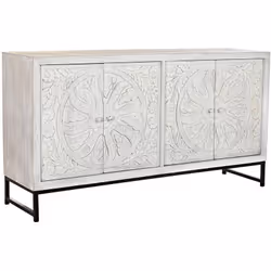 Buffet / Meuble de rangement en bois de manguier coloris blanc et métal noir de 4 portes. Dimensions : Longueur 150 x Hauteur ...