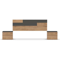 Ensemble 2 tables de chevet + tête de lit coloris chêne doré / gris - Hauteur 105 x Longueur 212 x Profondeur 36 cm Pegane