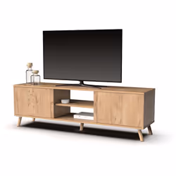 Meuble TV coloris chêne doré en panneaux de particules mélaminés. Pieds en plastique ABS beige. Produit de fabrication Espagn ...
