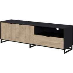 Meuble tv en mélamine coloris chêne clair et noir - Longueur 180 x profondeur 44 x Hauteur 54 cm Pegane