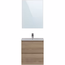 Meuble de salle de bains avec longueur de 60cm, fabriqué en mélamine coloris chêne avec 2 tiroirs. Vasque et miroir inclus. R ...