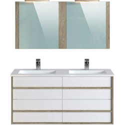 Pegane - Meuble de salle de bain en mélamine coloris chêne / blanc - Longueur 122 x profondeur 46 x Hauteur 58 cm