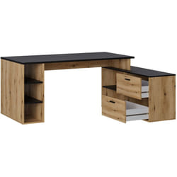 Bureau d'angle en mélamine coloris imitation chêne rustique / noir - Longueur 183 x profondeur 141 x Hauteur 75 cm Pegane
