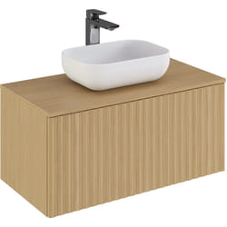 Pegane - Meuble de salle de bain en placage chêne coloris naturel - Longueur 90 x profondeur 46 x Hauteur 55.6 cm