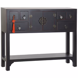 Console / Table console en bois de sapin et MDF coloris noir de 6 tiroirs et 2 portes. Dimensions : Longueur 95 x Profondeur  ...