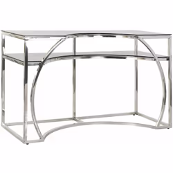 Console / Table console en acier et verre coloris argenté avec 2 étagères. Dimensions : Longueur 120 x Profondeur 50 x Hauteu ...