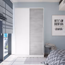 Armoire / placard meuble de rangement à 2 portes coulissantes coloris blanc mat et gris ciment avec barre de penderie et 3 ét ...