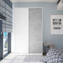 Armoire placard meuble de rangement 2 portes coulissantes en bois coloris blanc mat et gris ciment - Hauteur 200 x Longueur 120 cm x Profondeur 50 cm